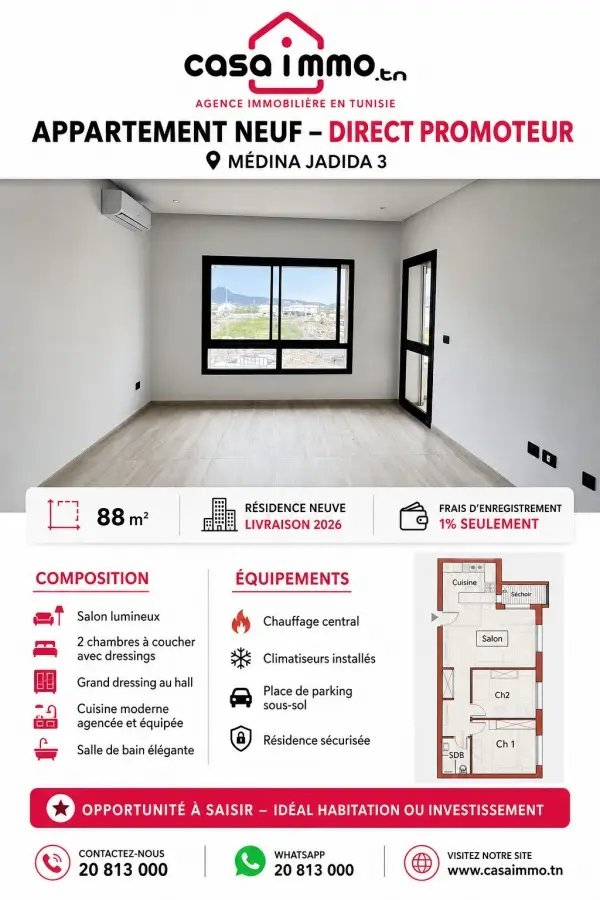 VENTE APPARTEMENT S+2 NEUF DIRECT PROMOTEUR A MEDINA JADIDA 3
