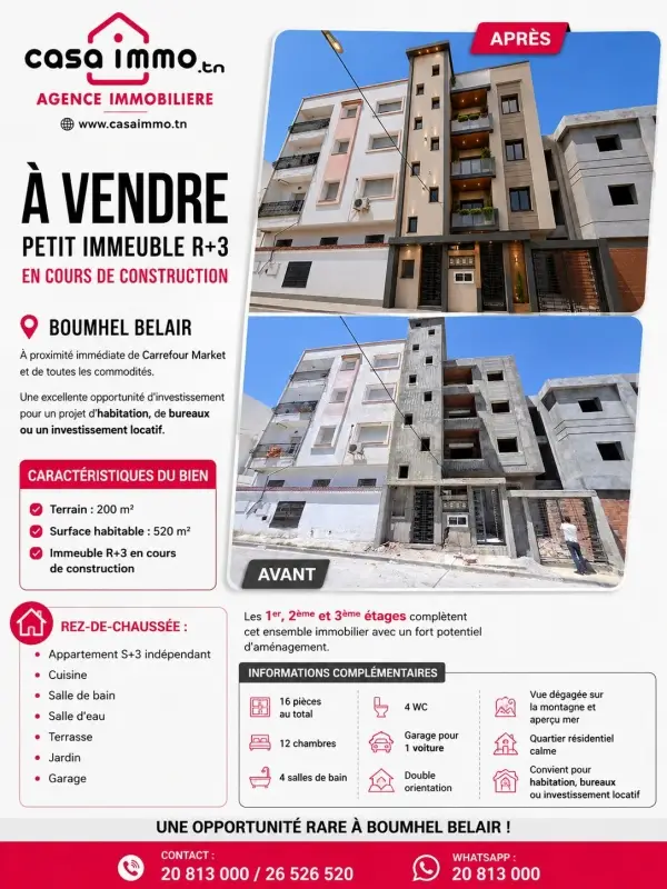 Vente petite immeuble encours de construction à boumhel proche de carrefour market